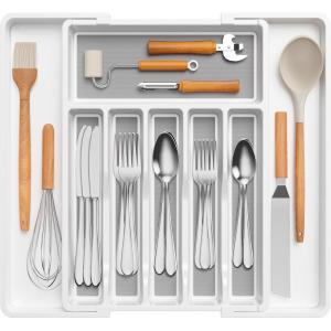 Lifewit Silverware Drawer Organizer, Expandable Utensil Tray for Kitchen, BPA Free Flatware and Cutlery Holder, Adjustable Plastic Storage for Spoons Forks Knives, 33 -57 x 42cm, Black and Gray(White&Gray)