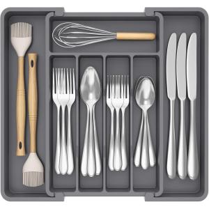 Lifewit Silverware Drawer Organizer, Expandable Utensil Tray for Kitchen, BPA Free Flatware and Cutlery Holder, Adjustable Plastic Storage for Spoons Forks Knives, 33 -57 x 42cm, Black and Gray(Dark Gray)