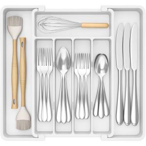 Lifewit Silverware Drawer Organizer, Expandable Utensil Tray for Kitchen, BPA Free Flatware and Cutlery Holder, Adjustable Plastic Storage for Spoons Forks Knives, 33 -57 x 42cm, Black and Gray(White)