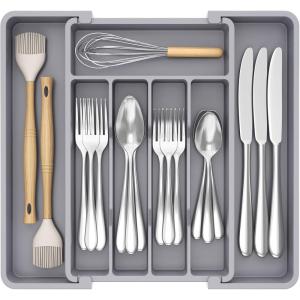 Lifewit Silverware Drawer Organizer, Expandable Utensil Tray for Kitchen, BPA Free Flatware and Cutlery Holder, Adjustable Plastic Storage for Spoons Forks Knives, 33 -57 x 42cm, Black and Gray(Gray)