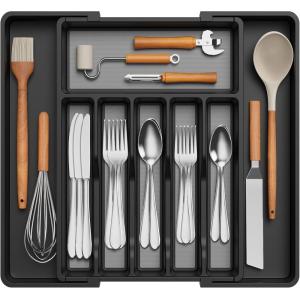 Lifewit Silverware Drawer Organizer, Expandable Utensil Tray for Kitchen, BPA Free Flatware and Cutlery Holder, Adjustable Plastic Storage for Spoons Forks Knives, 33 -57 x 42cm, Black and Gray(Black&Gray)