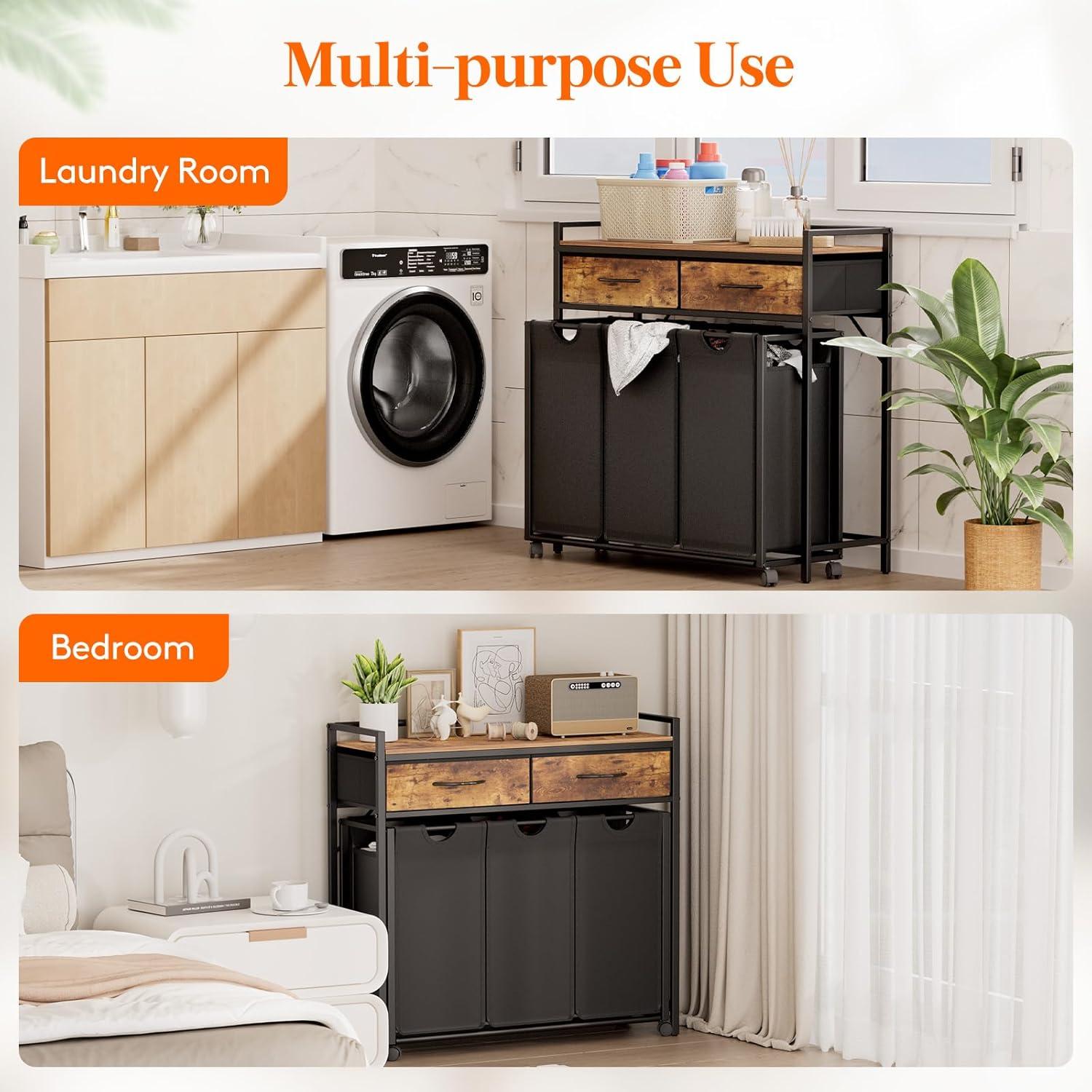 image:imageLifewit Laundry Hamper 3 Section Large Rolling Laundry Sorter with Shelf amp 2 Drawers PullOut Laundry Basket Organizer with Wheels and Removable Bag for Laundry Room Bathroom Rustic Brown and BlackRustic Brown