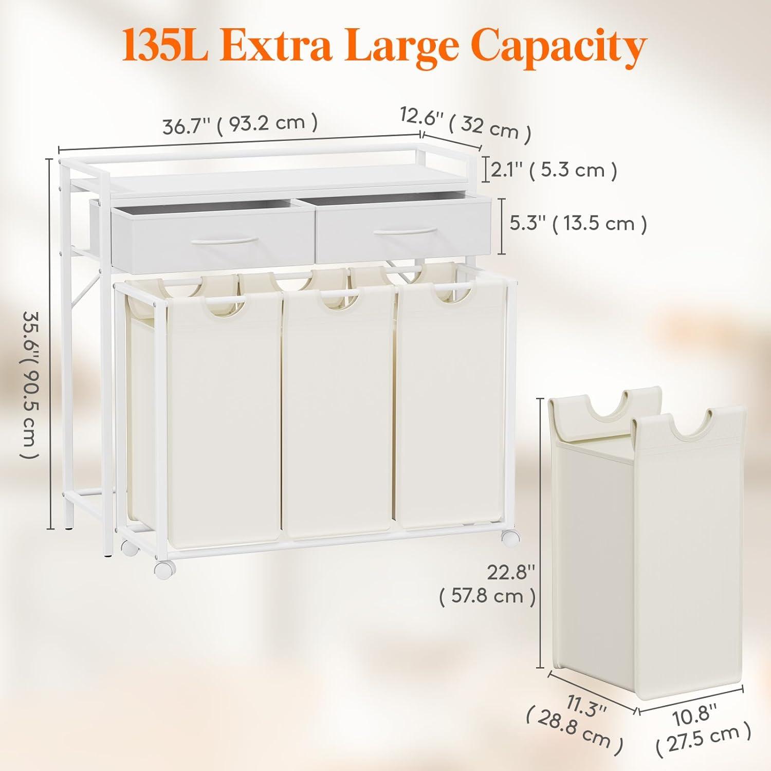 image:imageLifewit Laundry Hamper 3 Section Large Rolling Laundry Sorter with Shelf amp 2 Drawers PullOut Laundry Basket Organizer with Wheels and Removable Bag for Laundry Room Bathroom Rustic Brown and BlackWhite