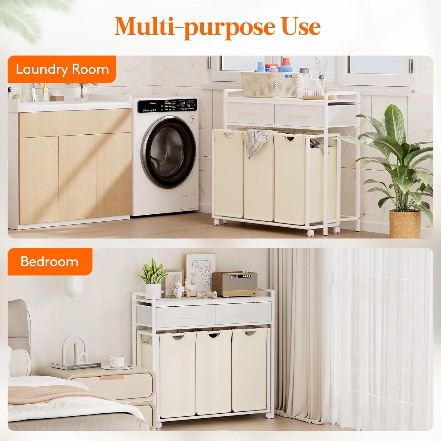 image:imageLifewit Laundry Hamper 3 Section Large Rolling Laundry Sorter with Shelf amp 2 Drawers PullOut Laundry Basket Organizer with Wheels and Removable Bag for Laundry Room Bathroom Rustic Brown and BlackWhite