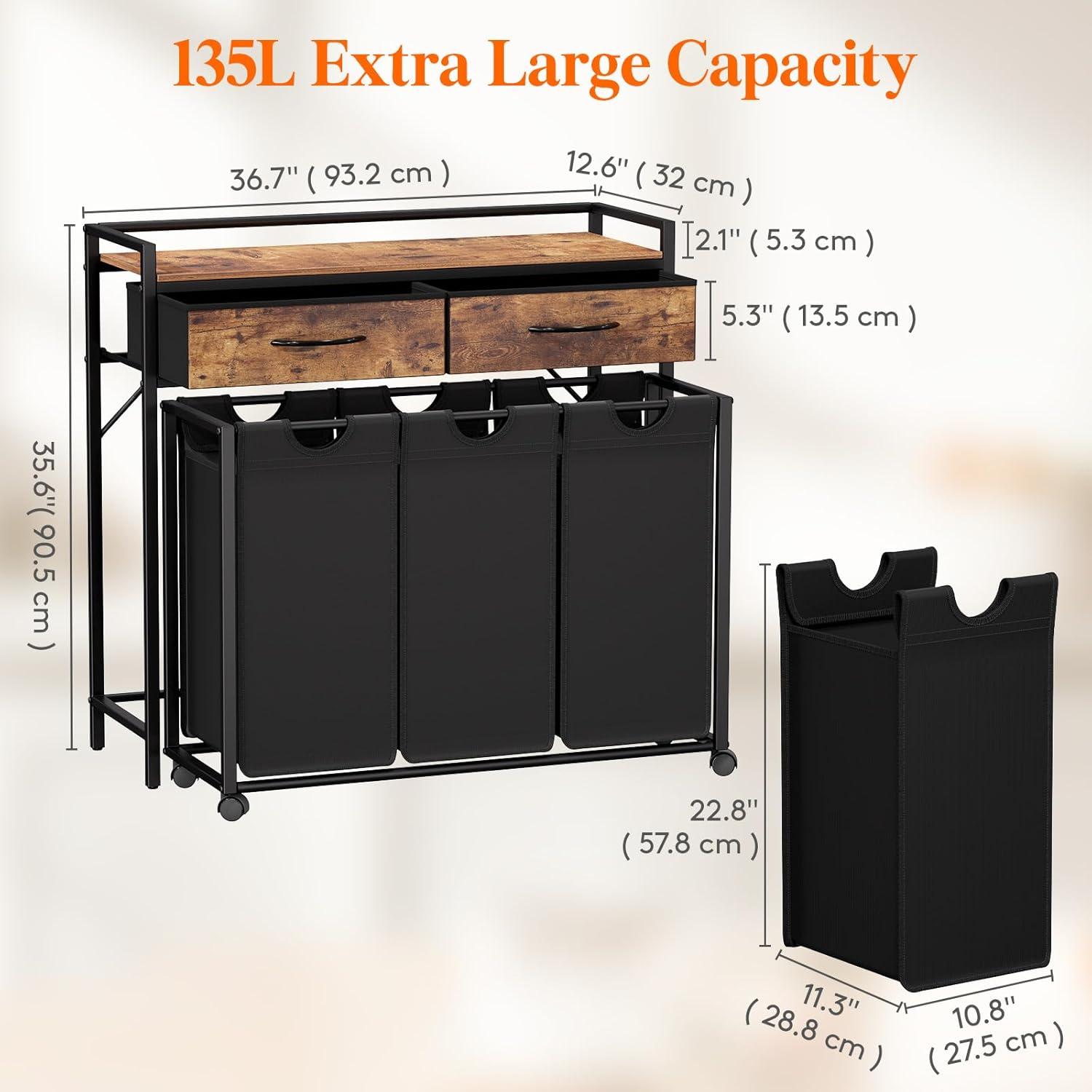 image:imageLifewit Laundry Hamper 3 Section Large Rolling Laundry Sorter with Shelf amp 2 Drawers PullOut Laundry Basket Organizer with Wheels and Removable Bag for Laundry Room Bathroom Rustic Brown and BlackRustic Brown