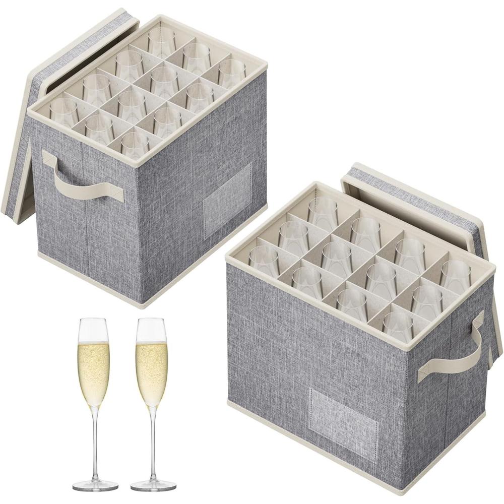 image:imageLifewit 2 Pcs Coffee Mug Storage Box with Dividers Stackable Cationic Hard Shell Stemware Containers with 24 Cells Foldable Dustproof China Containers for Moving Light Grey 39 x33x14cm2