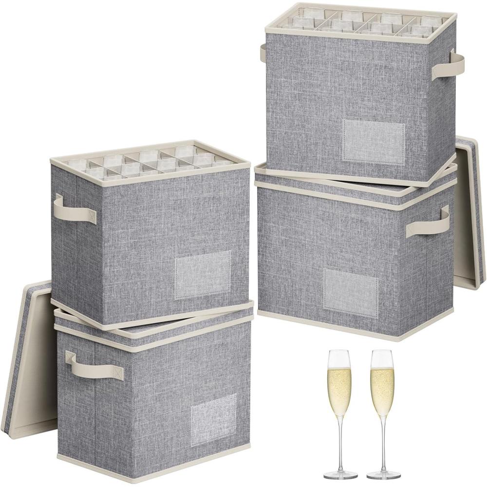 image:imageLifewit 2 Pcs Coffee Mug Storage Box with Dividers Stackable Cationic Hard Shell Stemware Containers with 24 Cells Foldable Dustproof China Containers for Moving Light Grey 39 x33x14cm4
