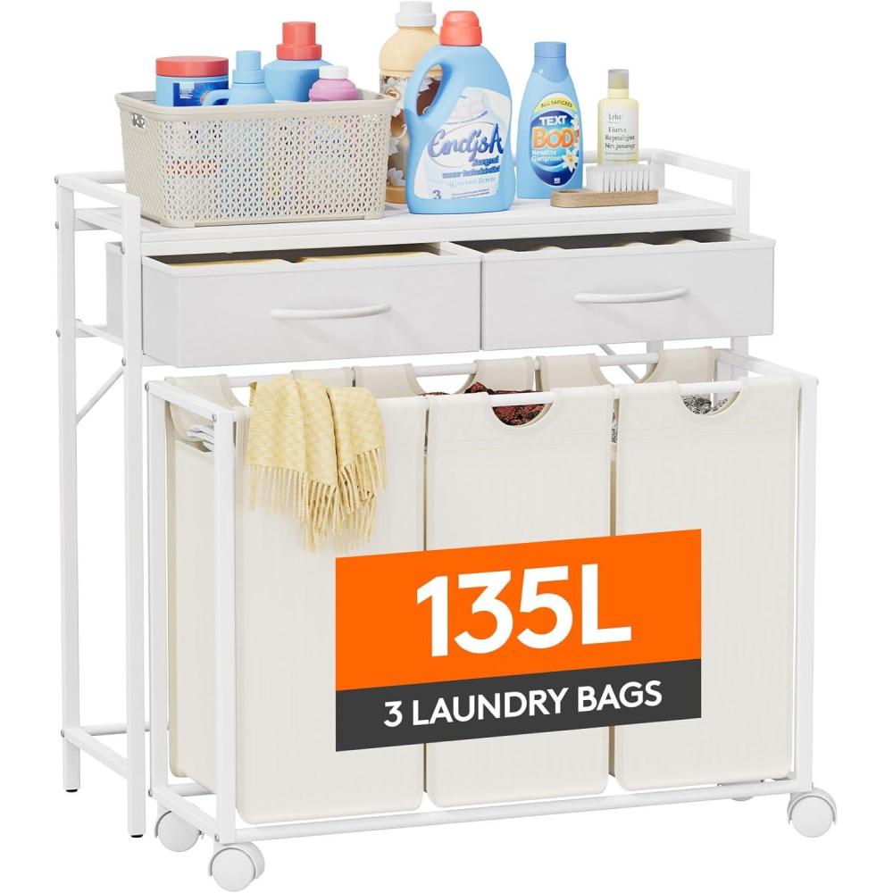 image:imageLifewit Laundry Hamper 3 Section Large Rolling Laundry Sorter with Shelf amp 2 Drawers PullOut Laundry Basket Organizer with Wheels and Removable Bag for Laundry Room Bathroom Rustic Brown and BlackWhite