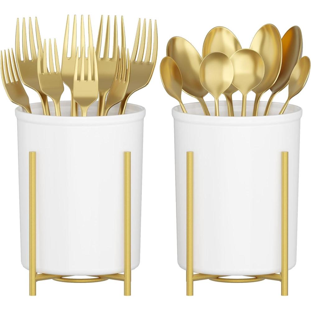 image:imageLifewit Plastic Silverware Holder for Kitchen Countertop Cutlery Flatware Caddy with Metal Bracket Utensil Spoon Fork knives Organizer for Party Picnic Gold 2 Pack2