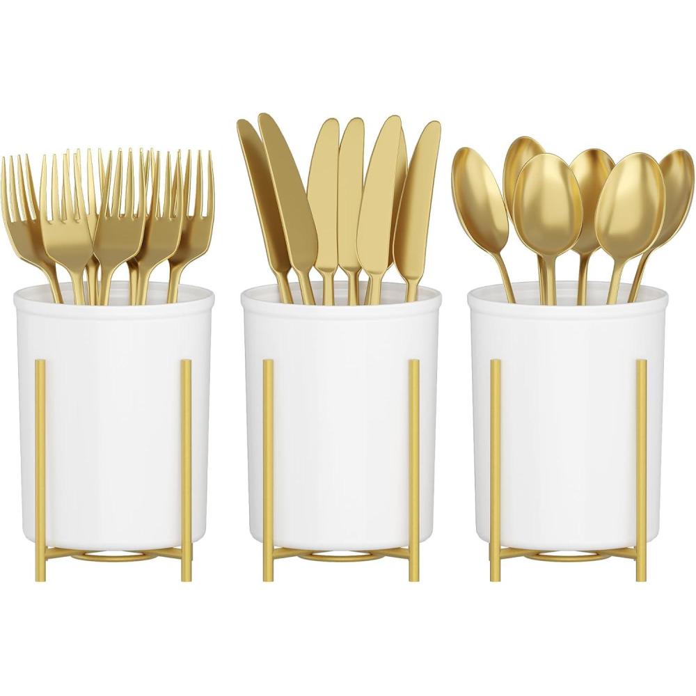 image:imageLifewit Plastic Silverware Holder for Kitchen Countertop Cutlery Flatware Caddy with Metal Bracket Utensil Spoon Fork knives Organizer for Party Picnic Gold 2 Pack3