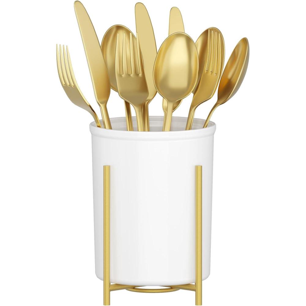 image:imageLifewit Plastic Silverware Holder for Kitchen Countertop Cutlery Flatware Caddy with Metal Bracket Utensil Spoon Fork knives Organizer for Party Picnic Gold 2 Pack1