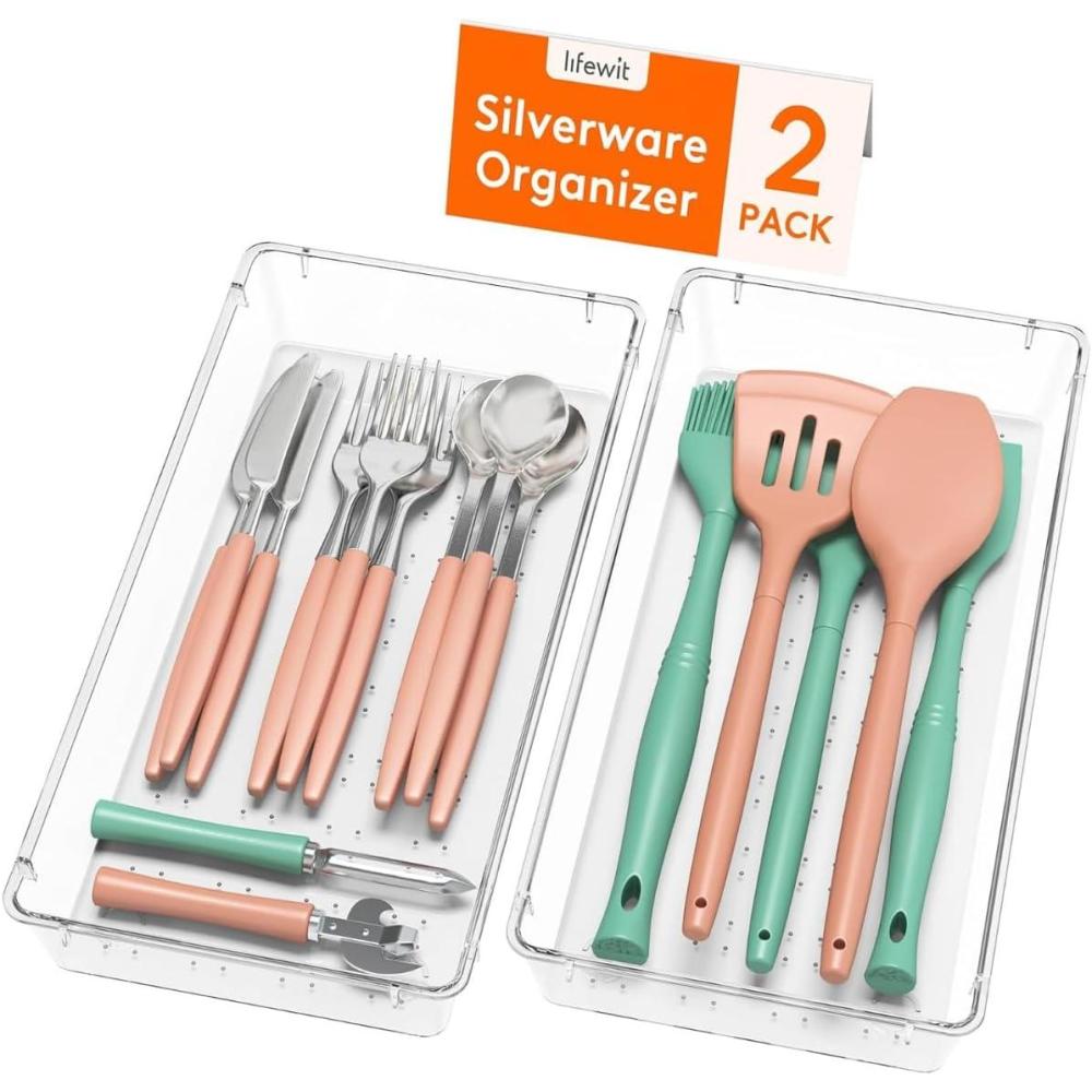 image:imageLifewit Silverware Drawer Organizer 575 x 1165 Clear Utensil Tray for Kitchen Drawer Stackable Plastic Flatware and Cutlery Storage Box Divider for Spoons Forks Knives Tools 2 Pack2