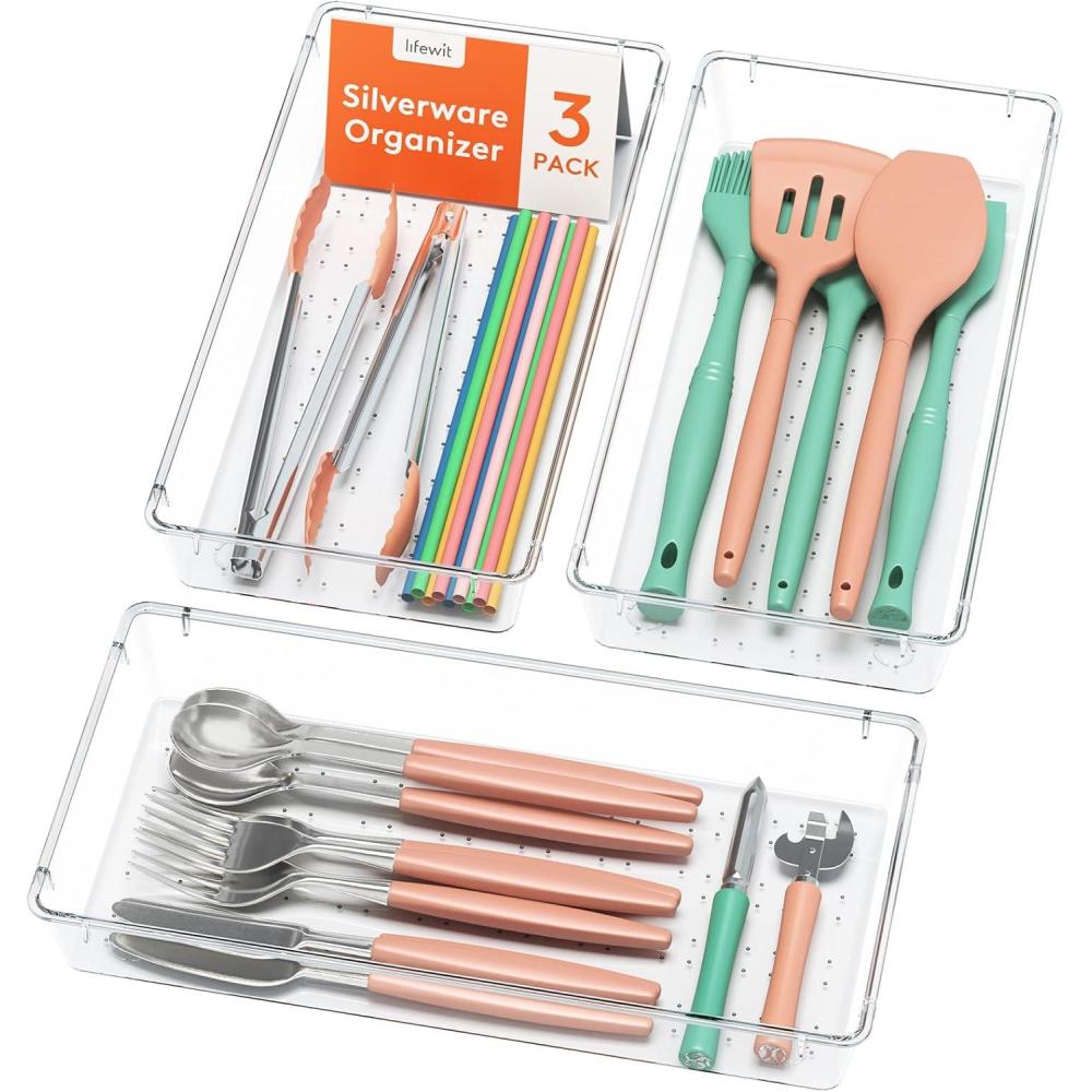 image:imageLifewit Silverware Drawer Organizer 575 x 1165 Clear Utensil Tray for Kitchen Drawer Stackable Plastic Flatware and Cutlery Storage Box Divider for Spoons Forks Knives Tools 2 Pack3