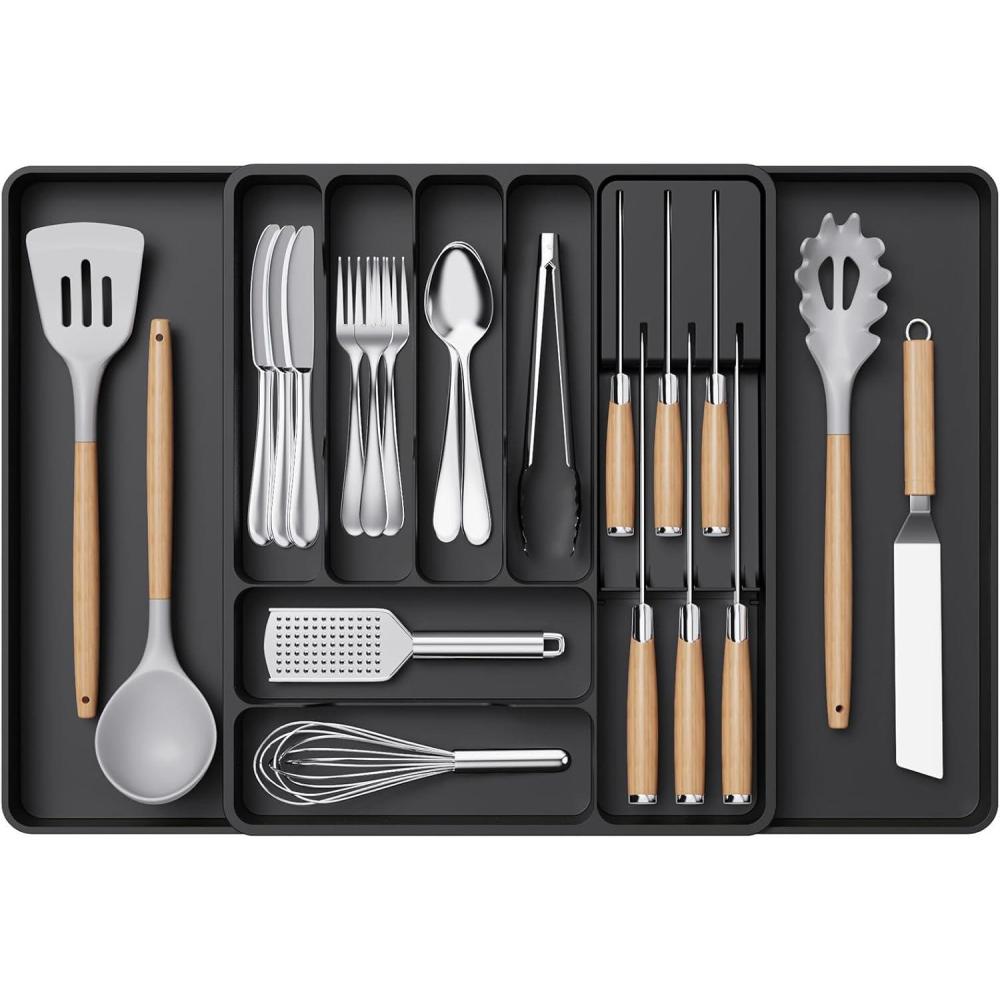 image:imageLifewit Silverware Organizer for Kitchen Drawers Expandable Utensil Tray with Removable Knife Block Adjustable Cutlery and Flatware Holder Plastic Spoon Forks Holder Storage Divider BlackBlack