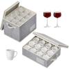 Lifewit 2 Pcs Coffee Mug Storage Box with Dividers, Stackable Cationic Hard Shell Stemware Containers with 24 Cells, Foldable Dustproof China Containers for Moving, Light Grey, 39 x33x14cm(2)