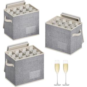 Lifewit 2 Pcs Coffee Mug Storage Box with Dividers, Stackable Cationic Hard Shell Stemware Containers with 24 Cells, Foldable Dustproof China Containers for Moving, Light Grey, 39 x33x14cm(3)