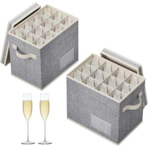 Lifewit 2 Pcs Coffee Mug Storage Box with Dividers, Stackable Cationic Hard Shell Stemware Containers with 24 Cells, Foldable Dustproof China Containers for Moving, Light Grey, 39 x33x14cm(2)