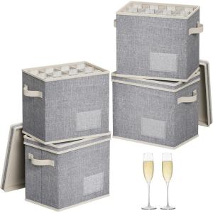 Lifewit 2 Pcs Coffee Mug Storage Box with Dividers, Stackable Cationic Hard Shell Stemware Containers with 24 Cells, Foldable Dustproof China Containers for Moving, Light Grey, 39 x33x14cm(4)