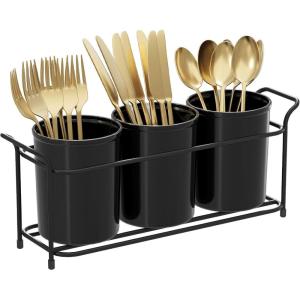 Lifewit Plastic Silverware Caddy with Metal Rack, Utensil Holder for Party, Cutlery Flatware Organizer for Kitchen Countertop, Forks Spoons Knives Storage for Picnic Camping Outdoor Buffet, White(Black)