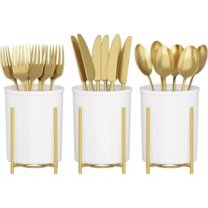 Lifewit Plastic Silverware Holder for Kitchen Countertop, Cutlery Flatware Caddy with Metal Bracket, Utensil Spoon Fork knives Organizer for Party Picnic, Gold, 2 Pack(3)