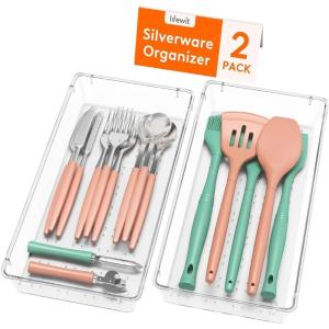 Lifewit Silverware Drawer Organizer, 5.75″ x 11.65″ Clear Utensil Tray for Kitchen Drawer, Stackable Plastic Flatware and Cutlery Storage Box Divider for Spoons Forks Knives Tools, 2 Pack(2)