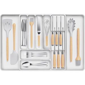 Lifewit Silverware Organizer for Kitchen Drawers, Expandable Utensil Tray with Removable Knife Block, Adjustable Cutlery and Flatware Holder, Plastic Spoon Forks Holder Storage Divider, Black(White)