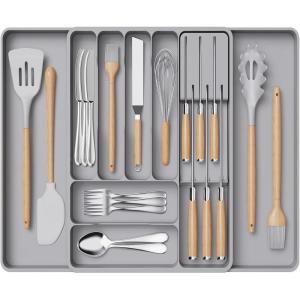 Lifewit Silverware Organizer for Kitchen Drawers, Expandable Utensil Tray with Removable Knife Block, Adjustable Cutlery and Flatware Holder, Plastic Spoon Forks Holder Storage Divider, Black(Gray)