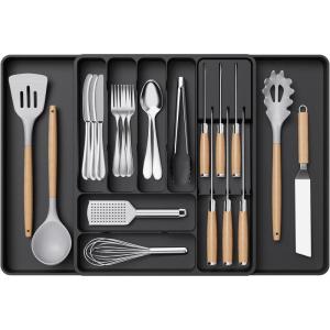 Lifewit Silverware Organizer for Kitchen Drawers, Expandable Utensil Tray with Removable Knife Block, Adjustable Cutlery and Flatware Holder, Plastic Spoon Forks Holder Storage Divider, Black(Black)