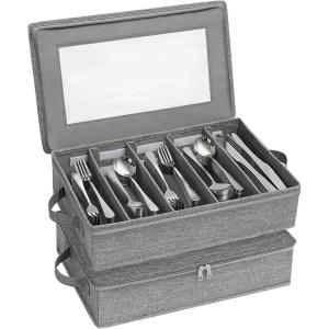 Lifewit Silverware Storage Box, Covered Flatware Organizer with Zipper Lid, 5 Compartment Cutlery Case with Adjustable Divider and Handle, Utensil Container for Spoon Fork Knives, 1 Pack(2)