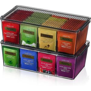 Lifewit Tea Bag Organizer with lids, Plastic Teabag Box with 16 Compartments, Stackable Divided Storage Containers for Cabinet, Pantry, Countertop, Hold Coffee Pods, Sugar Packets, Clear, 2 Pack(Black)