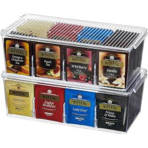 Lifewit Tea Bag Organizer with lids, Plastic Teabag Box with 16 Compartments, Stackable Divided Storage Containers for Cabinet, Pantry, Countertop, Hold Coffee Pods, Sugar Packets, Clear, 2 Pack(Clear)