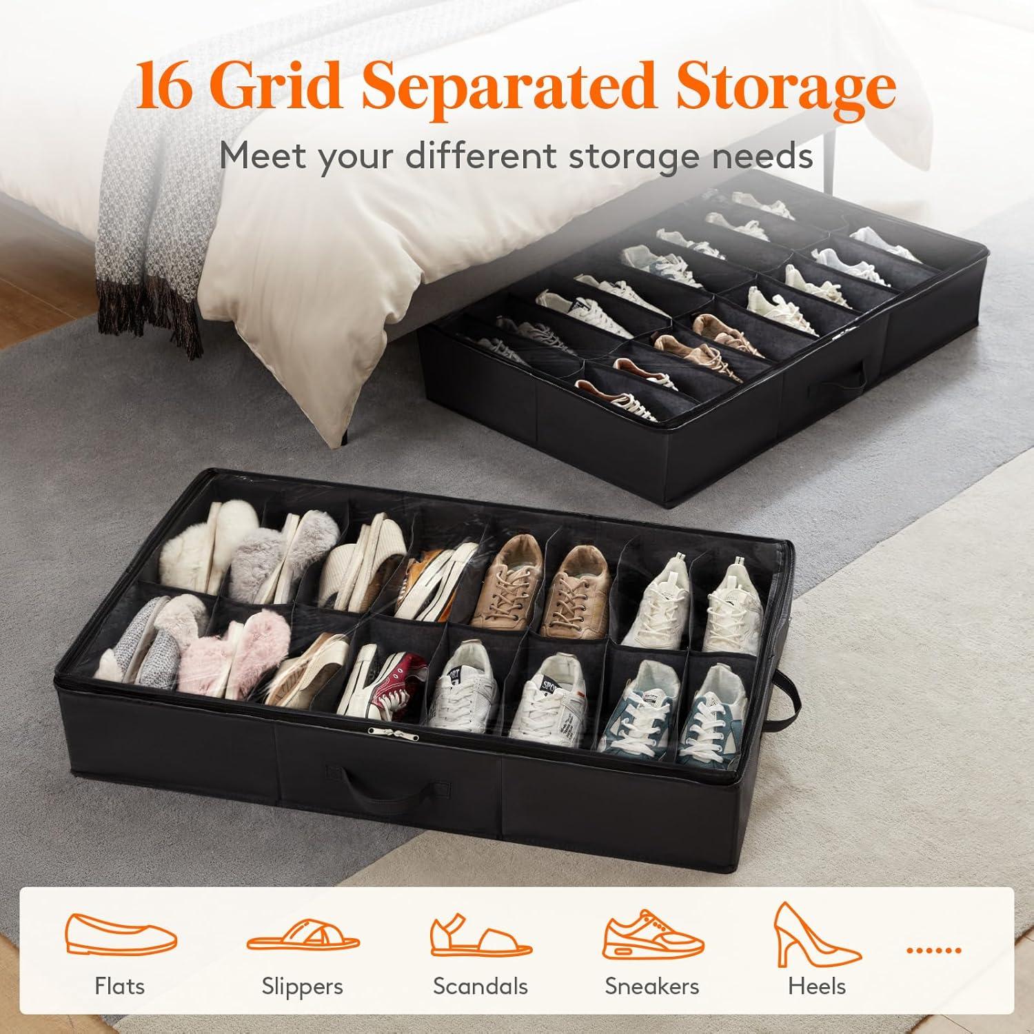 image:imageLifewit Under Bed Shoe Storage Organizer 1 Pack14 Pairs 43 Tall Fabric Shoes Container Box Foldable Closet Shoe Bag with 2 Reinforced Handles and Clear Cover BlackBlack