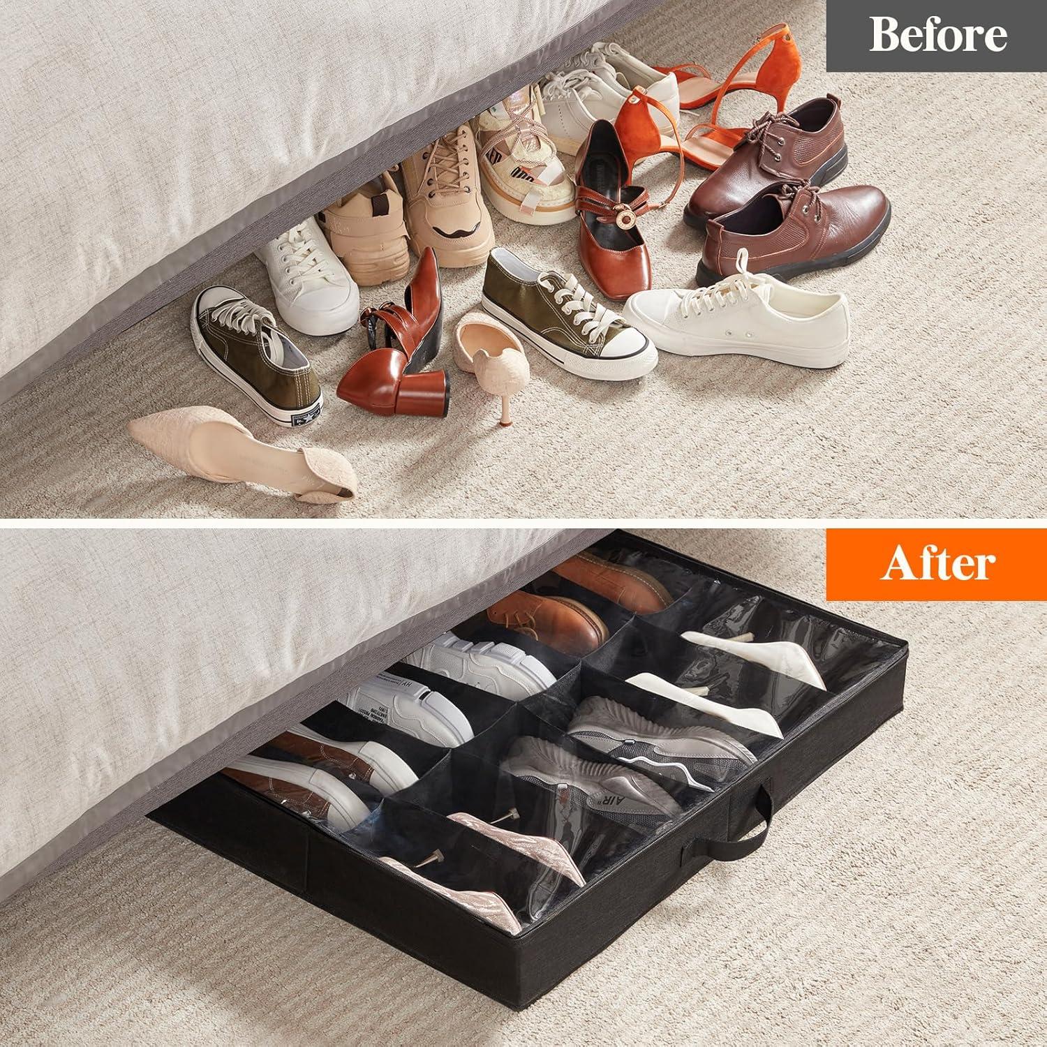 image:imageLifewit Under Bed Shoe Storage Organizer 1 Pack14 Pairs 43 Tall Fabric Shoes Container Box Foldable Closet Shoe Bag with 2 Reinforced Handles and Clear Cover BlackBlack