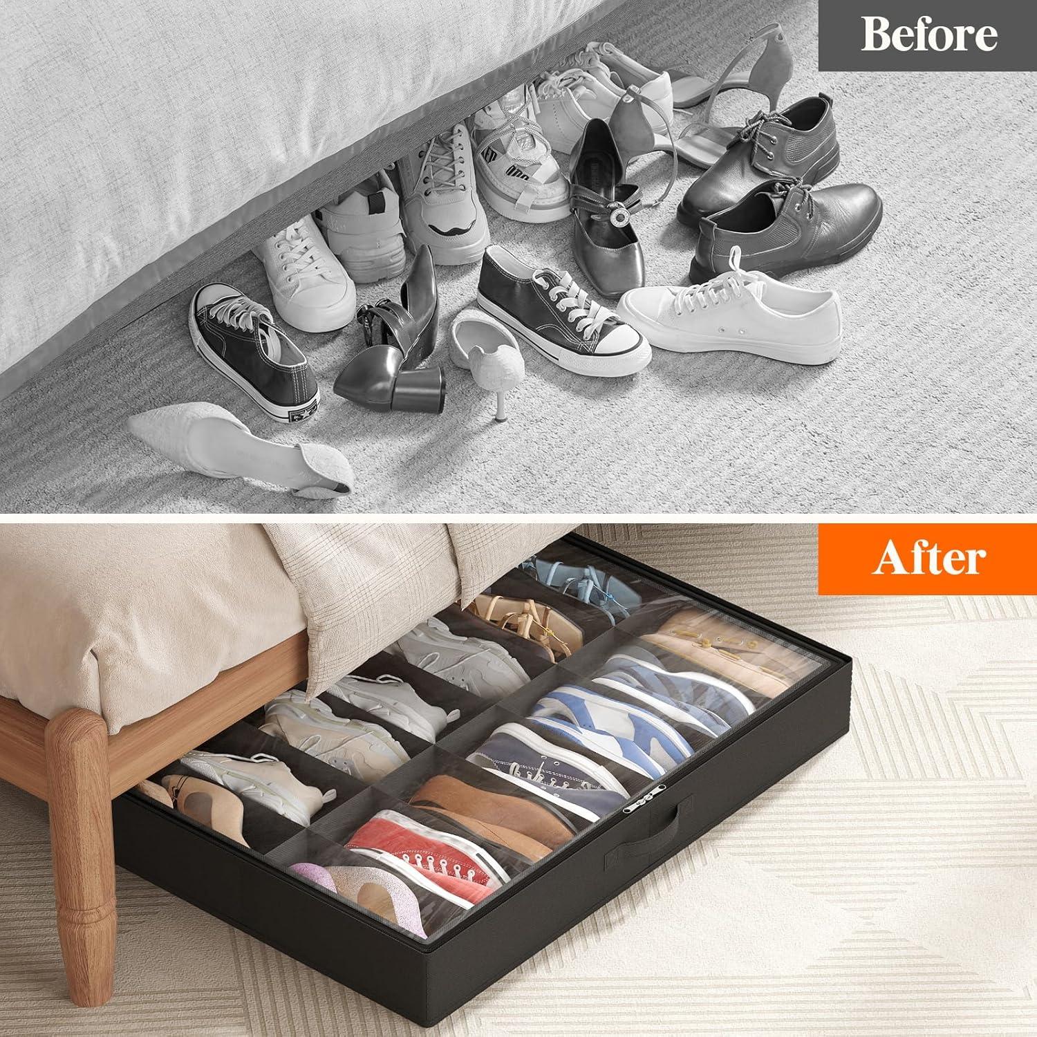 image:imageLifewit Under Bed Shoe Storage Organizer 1 Pack14 Pairs 43 Tall Fabric Shoes Container Box Foldable Closet Shoe Bag with 2 Reinforced Handles and Clear Cover BlackBlack