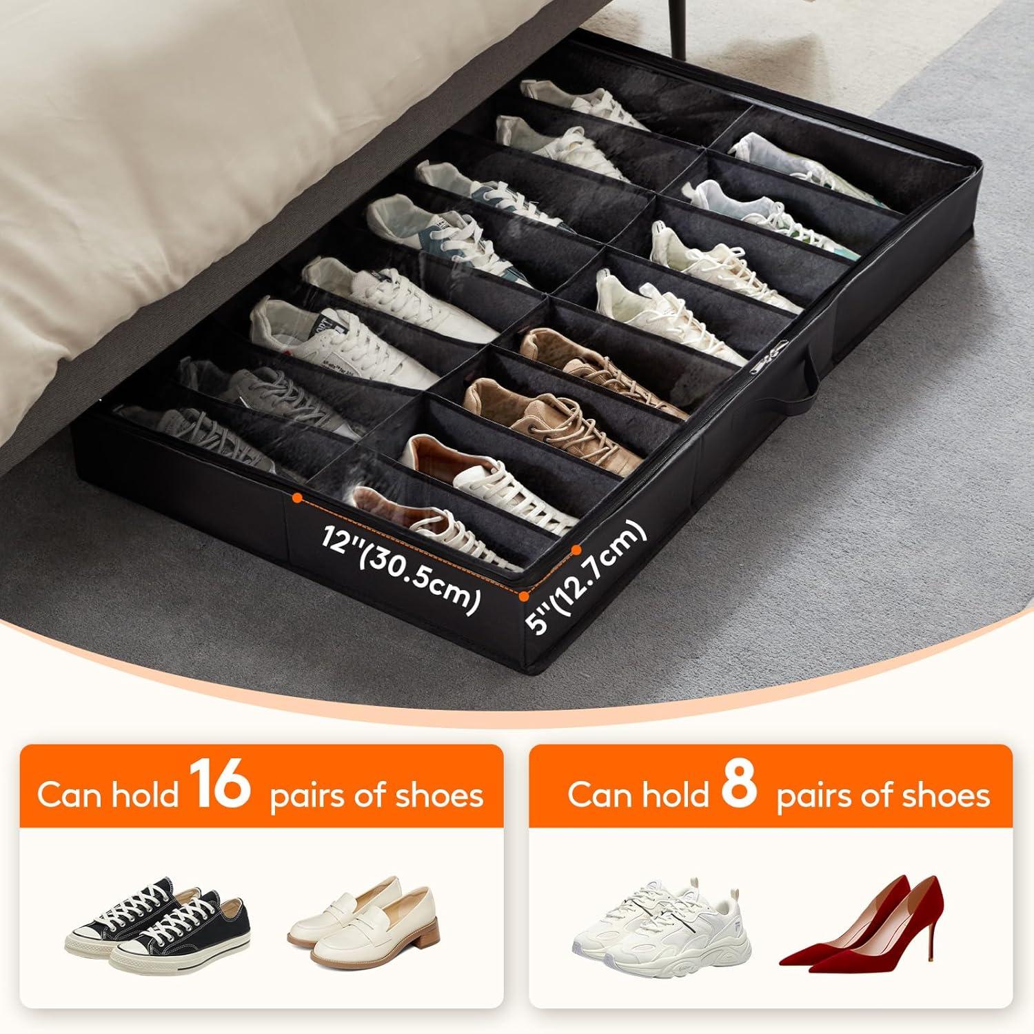 image:imageLifewit Under Bed Shoe Storage Organizer 1 Pack14 Pairs 43 Tall Fabric Shoes Container Box Foldable Closet Shoe Bag with 2 Reinforced Handles and Clear Cover BlackBlack