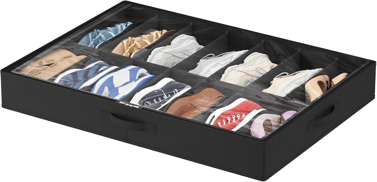 image:imageLifewit Under Bed Shoe Storage Organizer 1 Pack14 Pairs 43 Tall Fabric Shoes Container Box Foldable Closet Shoe Bag with 2 Reinforced Handles and Clear Cover BlackBlack