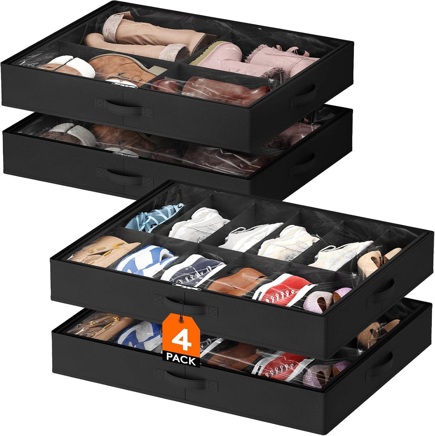 image:imageLifewit Under Bed Shoe Storage Organizer 1 Pack14 Pairs 43 Tall Fabric Shoes Container Box Foldable Closet Shoe Bag with 2 Reinforced Handles and Clear Cover BlackBlack
