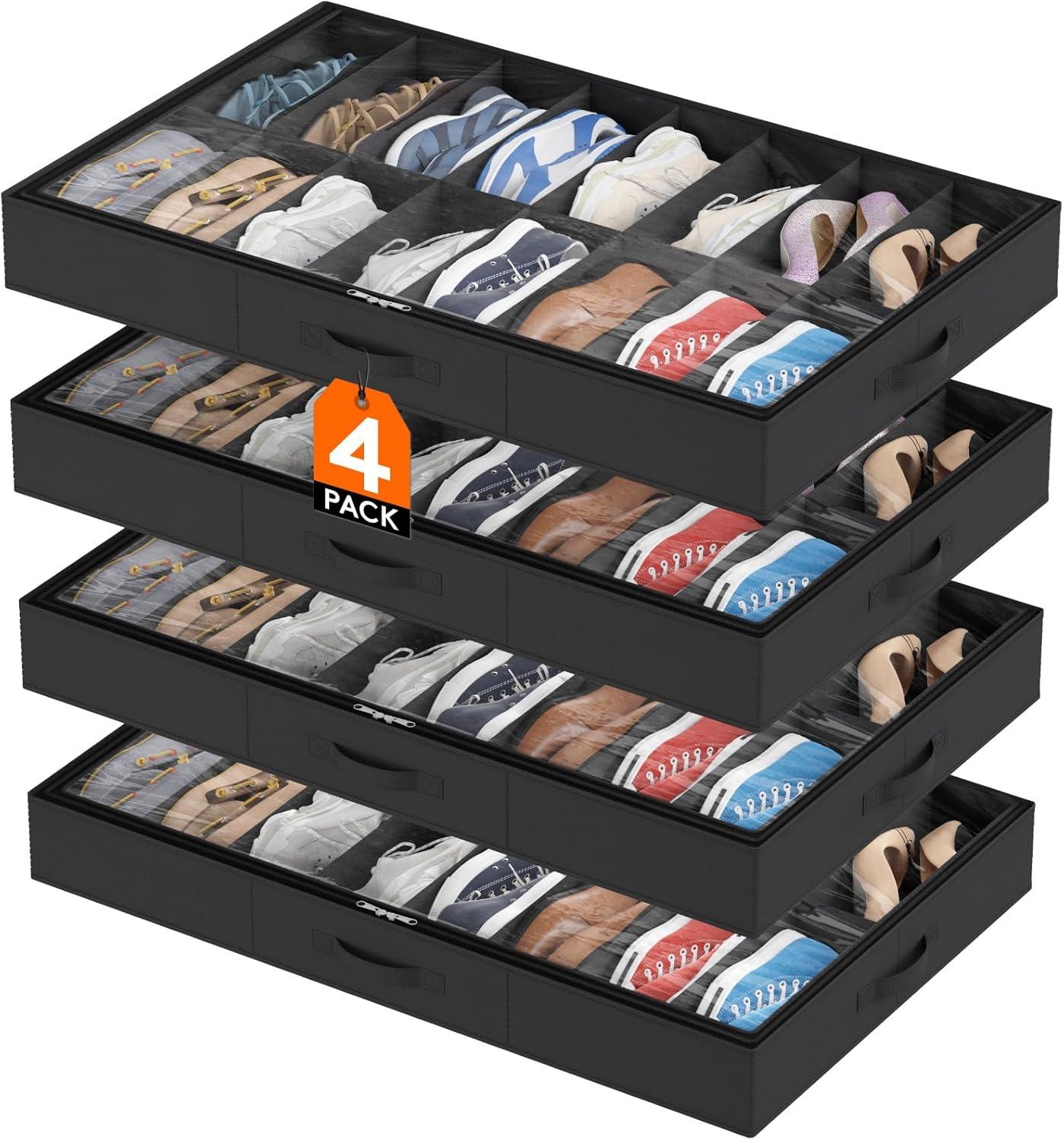 image:imageLifewit Under Bed Shoe Storage Organizer 1 Pack14 Pairs 43 Tall Fabric Shoes Container Box Foldable Closet Shoe Bag with 2 Reinforced Handles and Clear Cover BlackBlack