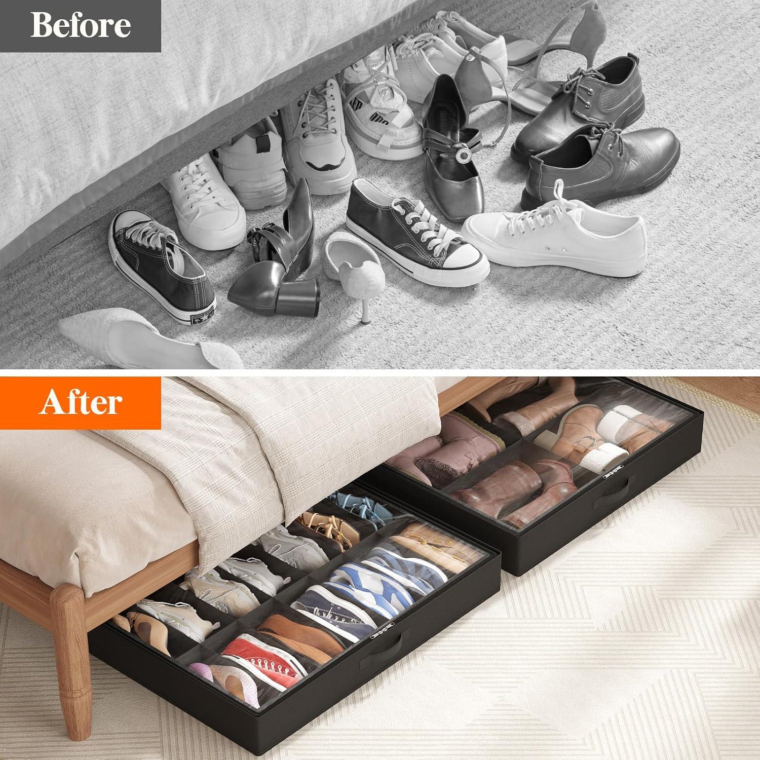 image:imageLifewit Under Bed Shoe Storage Organizer 1 Pack14 Pairs 43 Tall Fabric Shoes Container Box Foldable Closet Shoe Bag with 2 Reinforced Handles and Clear Cover BlackBlack