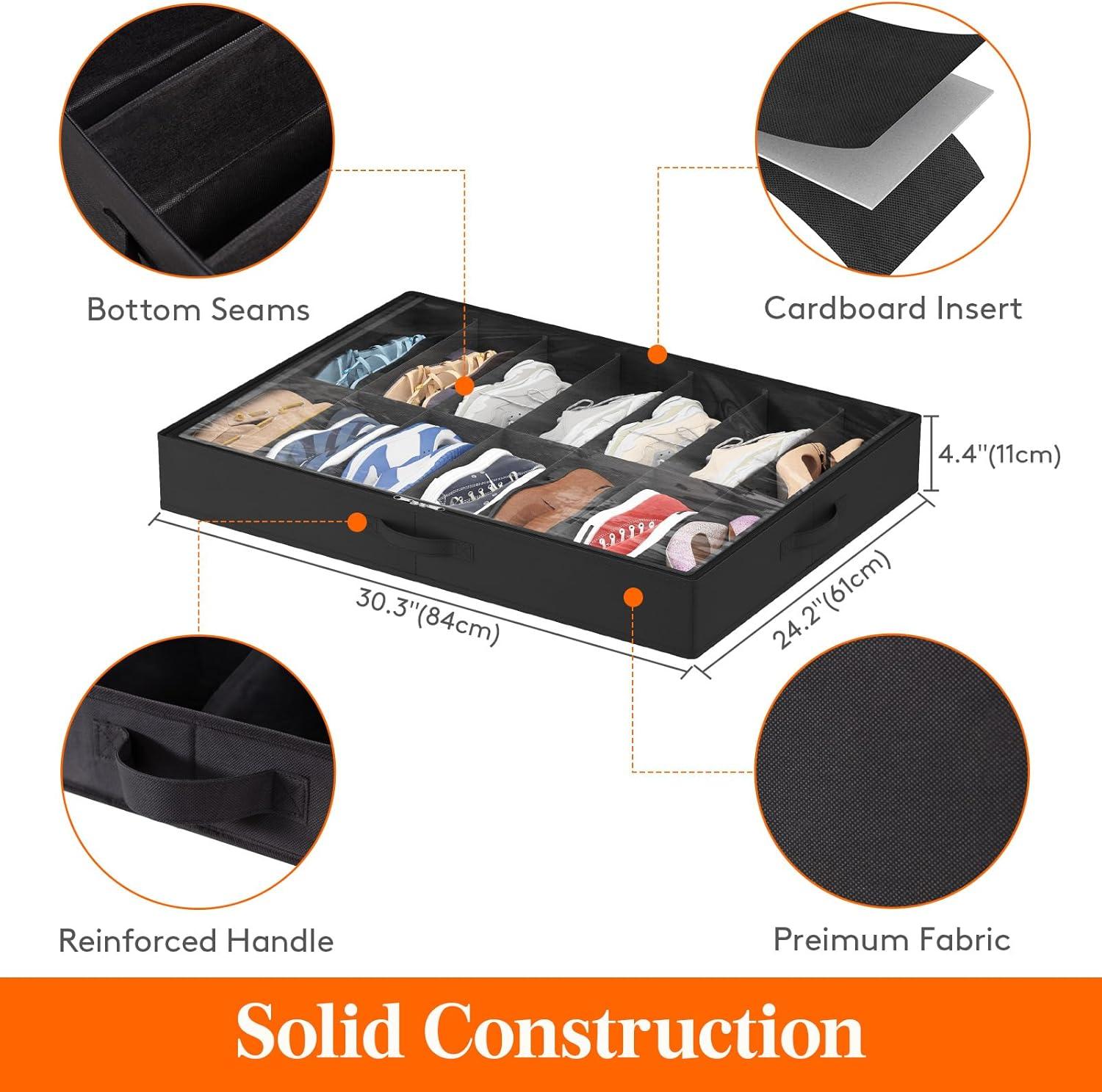 image:imageLifewit Under Bed Shoe Storage Organizer 1 Pack14 Pairs 43 Tall Fabric Shoes Container Box Foldable Closet Shoe Bag with 2 Reinforced Handles and Clear Cover BlackBlack