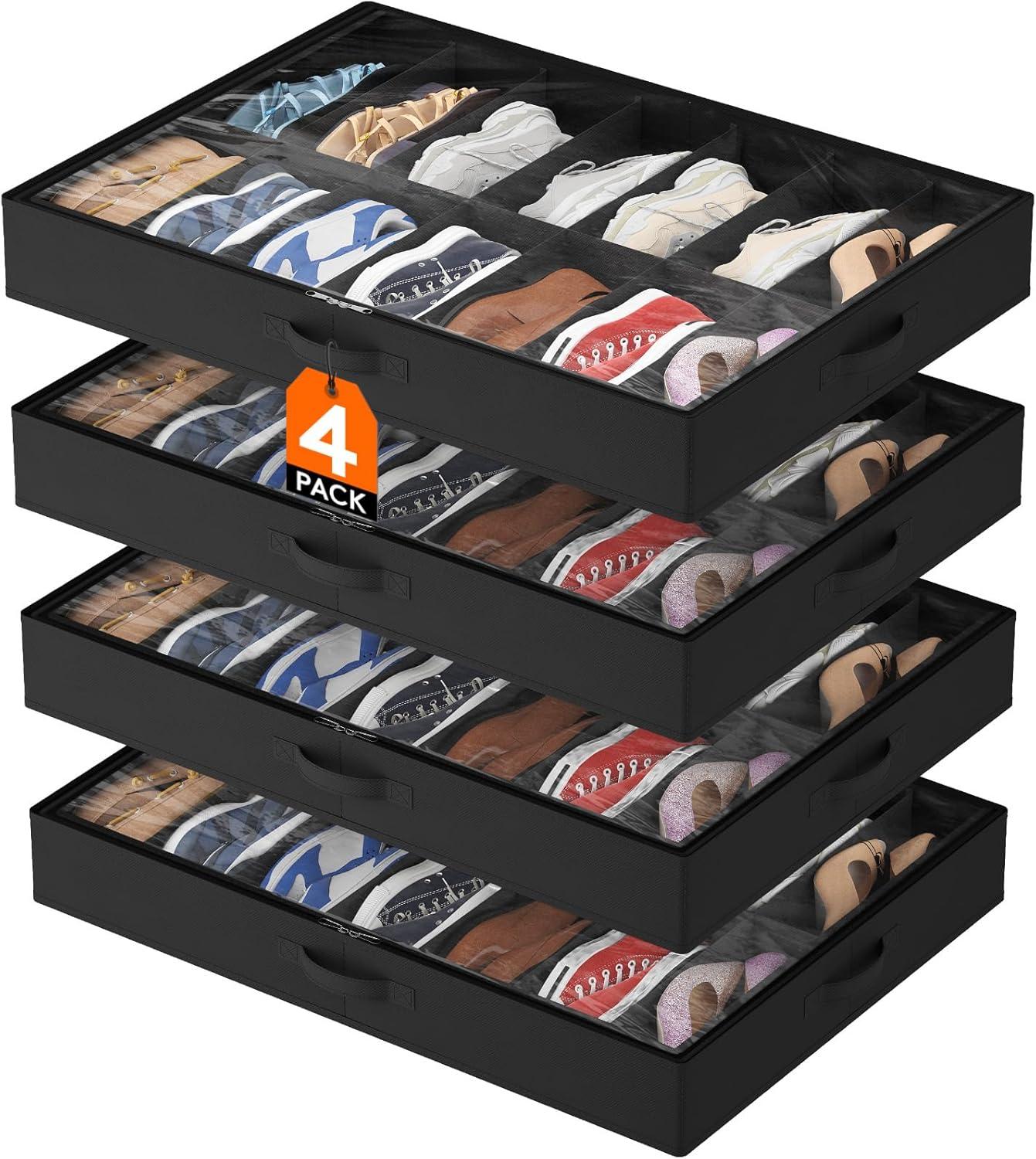 image:imageLifewit Under Bed Shoe Storage Organizer 1 Pack14 Pairs 43 Tall Fabric Shoes Container Box Foldable Closet Shoe Bag with 2 Reinforced Handles and Clear Cover BlackBlack