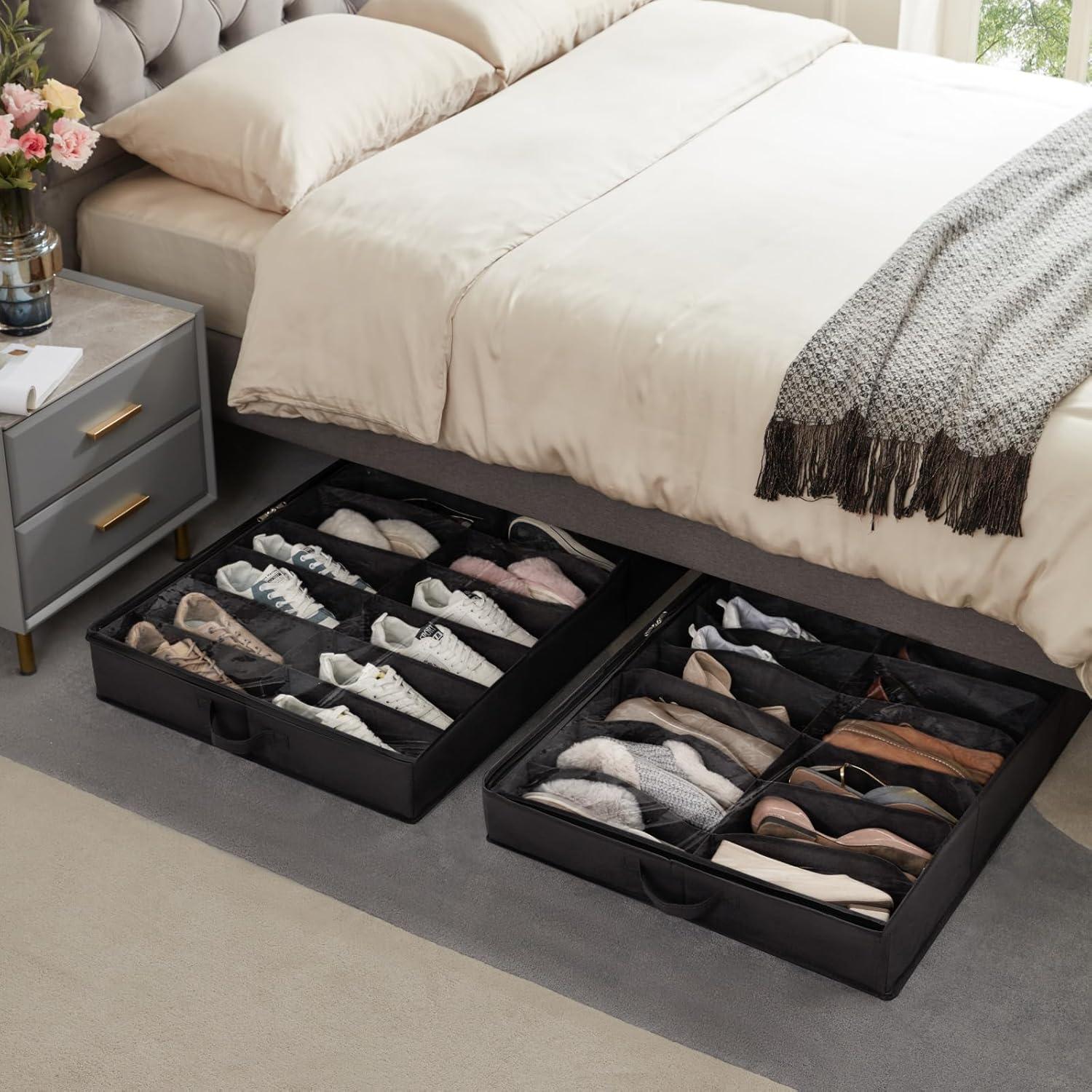 image:imageLifewit Under Bed Shoe Storage Organizer 1 Pack14 Pairs 43 Tall Fabric Shoes Container Box Foldable Closet Shoe Bag with 2 Reinforced Handles and Clear Cover BlackBlack