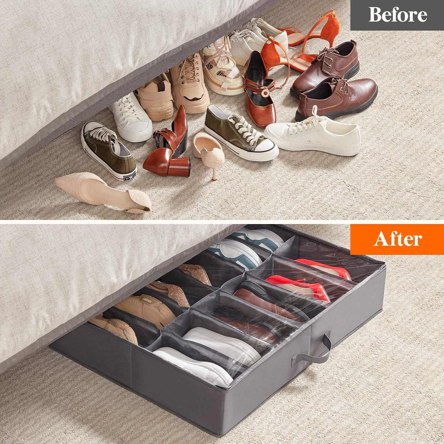 image:imageLifewit Under Bed Shoe Storage Organizer 1 Pack14 Pairs 43 Tall Fabric Shoes Container Box Foldable Closet Shoe Bag with 2 Reinforced Handles and Clear Cover BlackGray