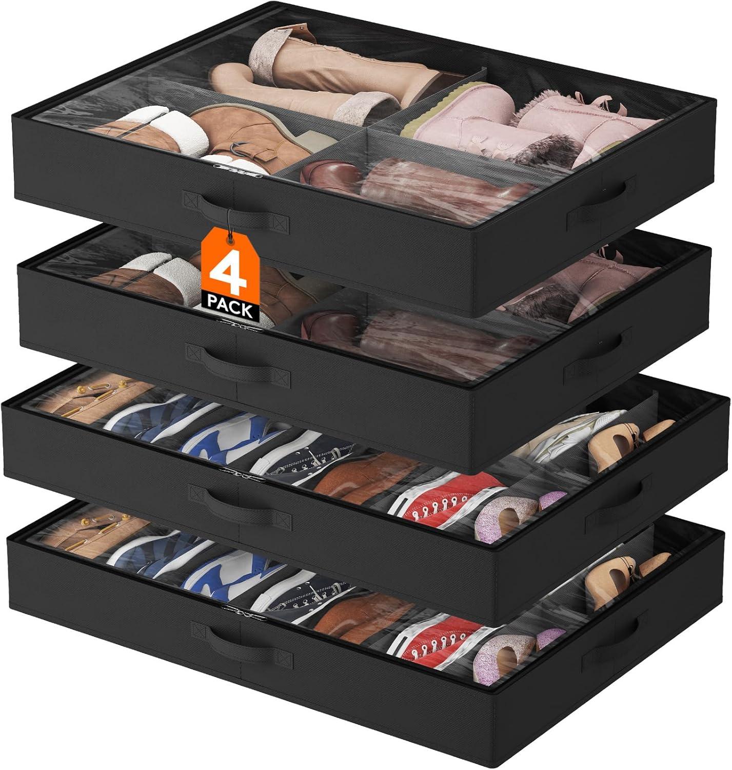 image:imageLifewit Under Bed Shoe Storage Organizer 1 Pack14 Pairs 43 Tall Fabric Shoes Container Box Foldable Closet Shoe Bag with 2 Reinforced Handles and Clear Cover BlackBlack
