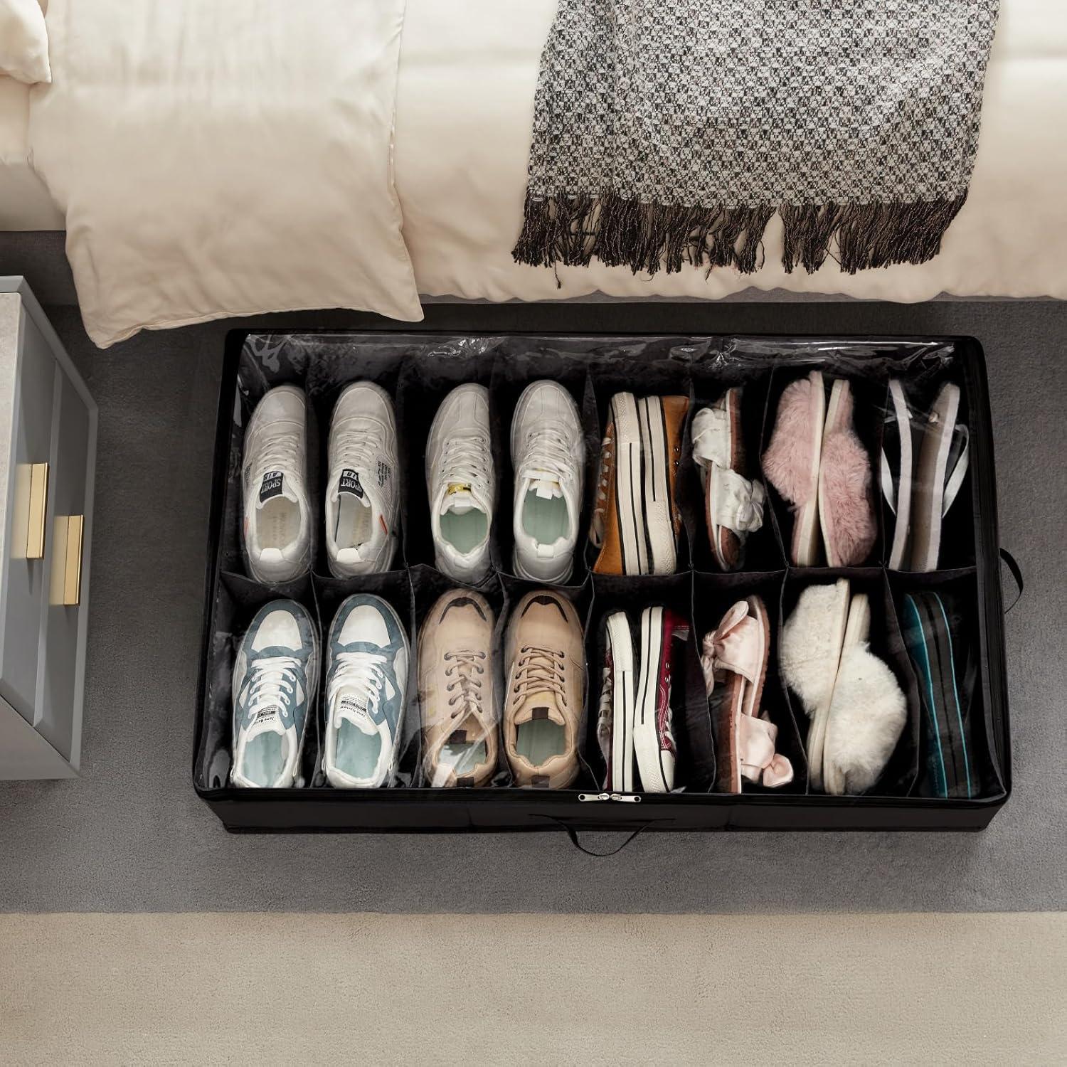 image:imageLifewit Under Bed Shoe Storage Organizer 1 Pack14 Pairs 43 Tall Fabric Shoes Container Box Foldable Closet Shoe Bag with 2 Reinforced Handles and Clear Cover BlackBlack