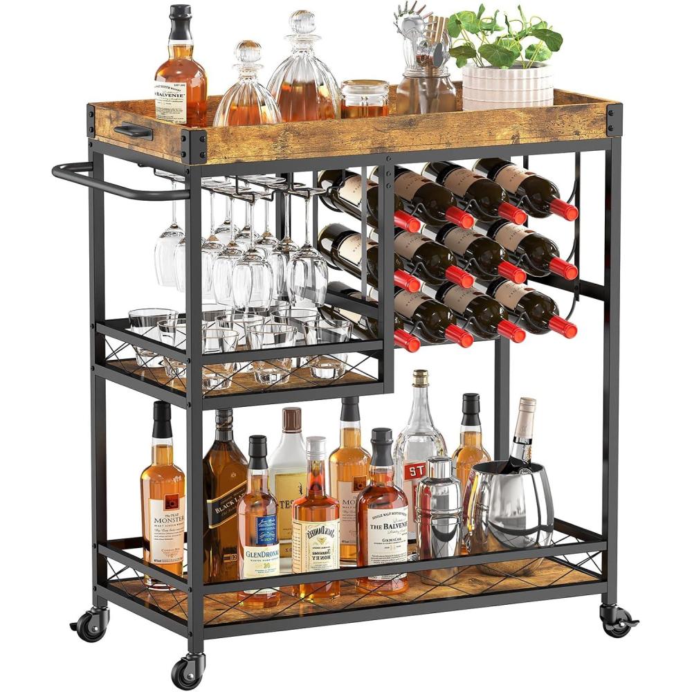 image:imageLifewit Bar Cart Home Bar Serving Cart 3 Tier Drink Cart with 12 Wine Bottle Racks Liquor Beverage Cart for Kitchen Dining Livingroom 30 x 157 x 366 inch Removable Top Tray Rustic Brown