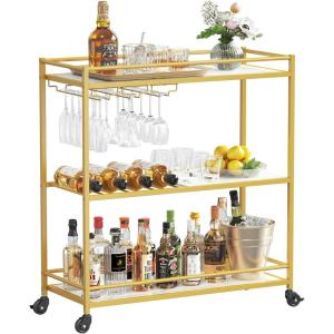 Lifewit Bar Cart, 3 Tier Wine Rolling Cart with Lockable Wheels, 12 Glass Holders and 4 Wine Rack, Home Serving Drink Liquor Cart for Kitchen Dining Living Room, 31.6″ x 13.1″ x 33.9″, Gold