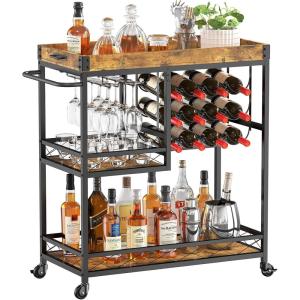 Lifewit Bar Cart, Home Bar Serving Cart, 3 Tier Drink Cart with 12 Wine Bottle Racks, Liquor Beverage Cart for Kitchen Dining Livingroom, 30 x 15.7 x 36.6 inch, Removable Top Tray, Rustic Brown