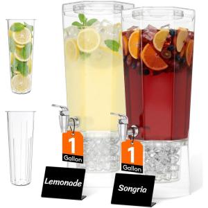 Lifewit 1 Gallon Drink Dispenser for Parties, Plastic Beverage Container for Juice/Tea/Soda with Stand & Ice Core, Clear Lemonade Dispenser with Spigot, BPA Free Water Pitcher with Spout for Fridge(2)