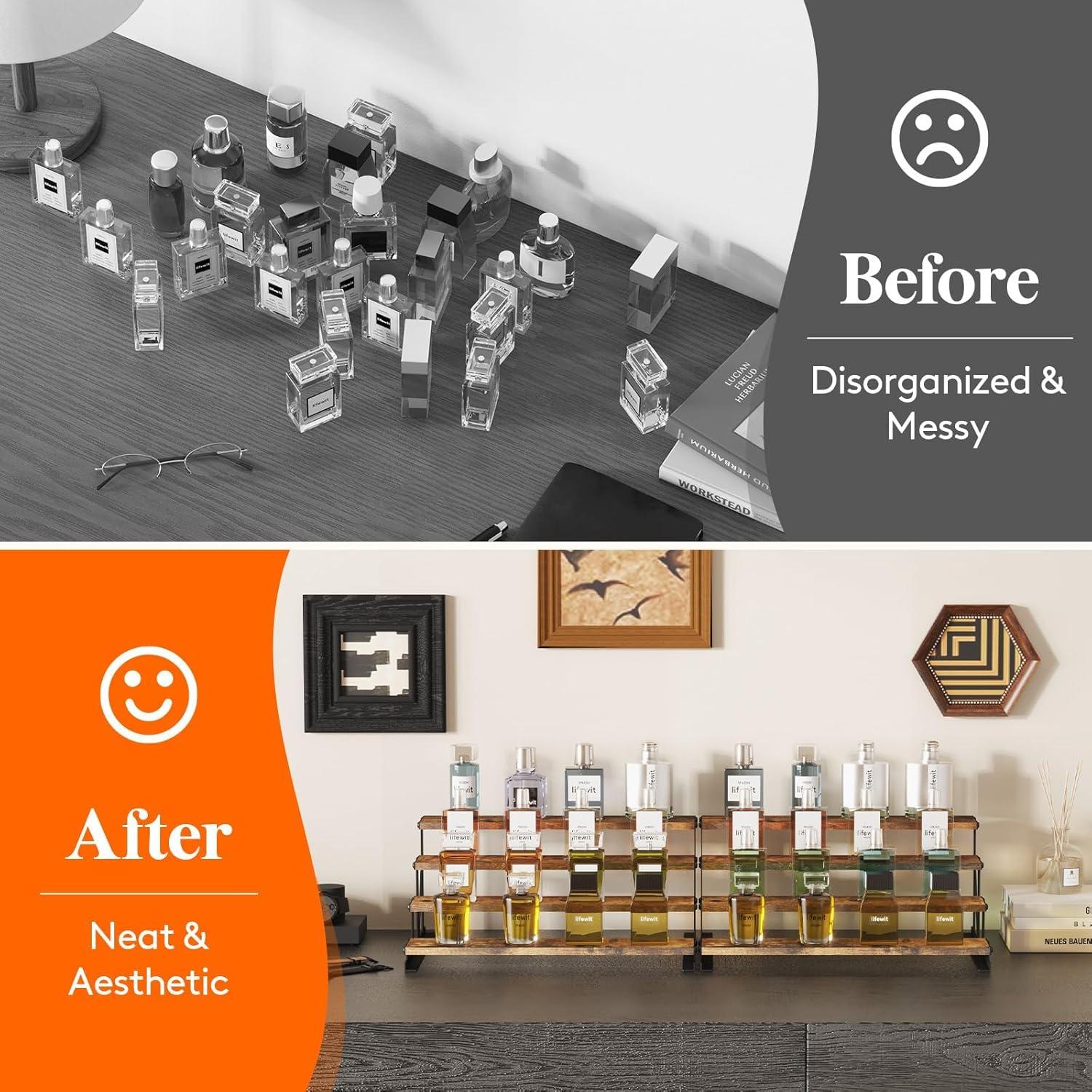 image:imageLifewit Cologne Organizer for Men Wooden Perfume Stand Display Riser for Fragrance Aftershave Skincare Makeup for Vanity Bedroom Bathroom Storage Rustic Brown 35 cm139 1 PcsRustic Brown